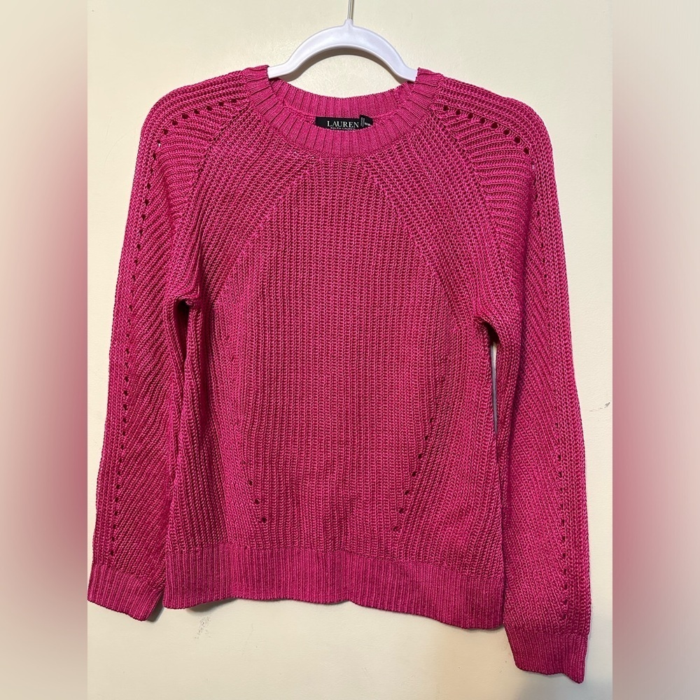 Ralph Lauren Black Label Linen Blend Tight Cable Knit Pink Sweater Size Large‎